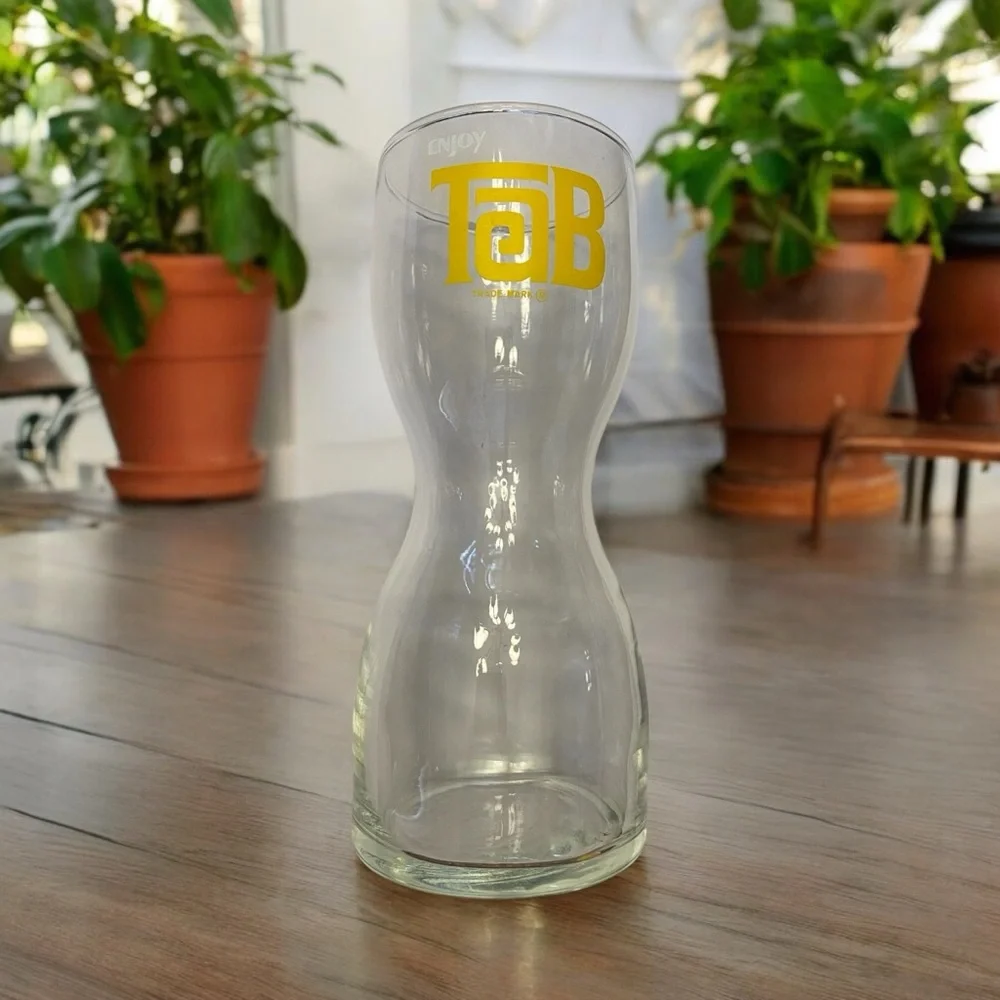 Vintage 70s TAB Soda Hourglass Glass Coca Cola Yellow Logo Retro Collect